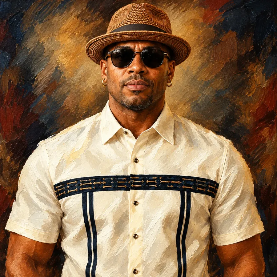 Portrait of Ty GWY Wilson in a straw hat and sunglasses, painted in oils